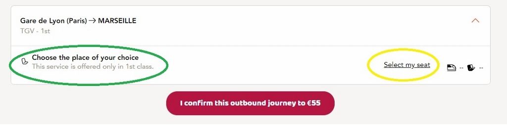 Selecting a seat when opting to travel first class with OuiSNCF