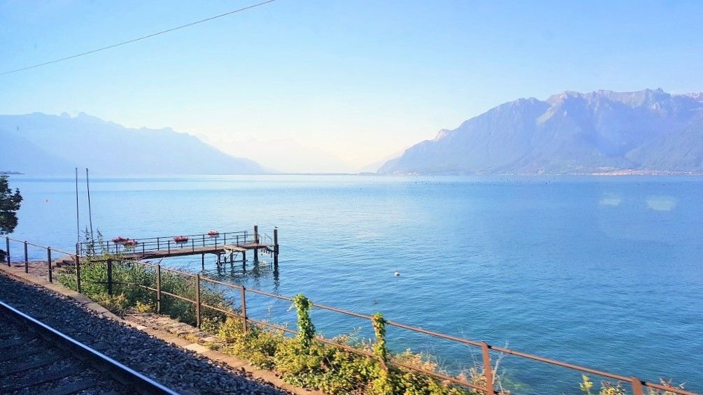 The view over Lake Geneva from a train south of Monetreux.