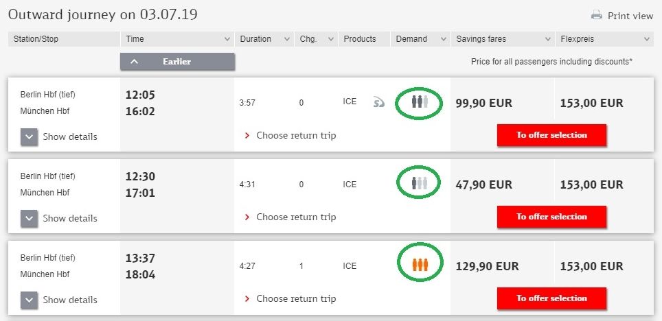 Checking to see how busy an ICE train will be when using Eurail or InterRail in Germany