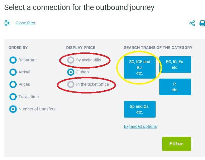 Filtering types of train on the journey results on the CD website