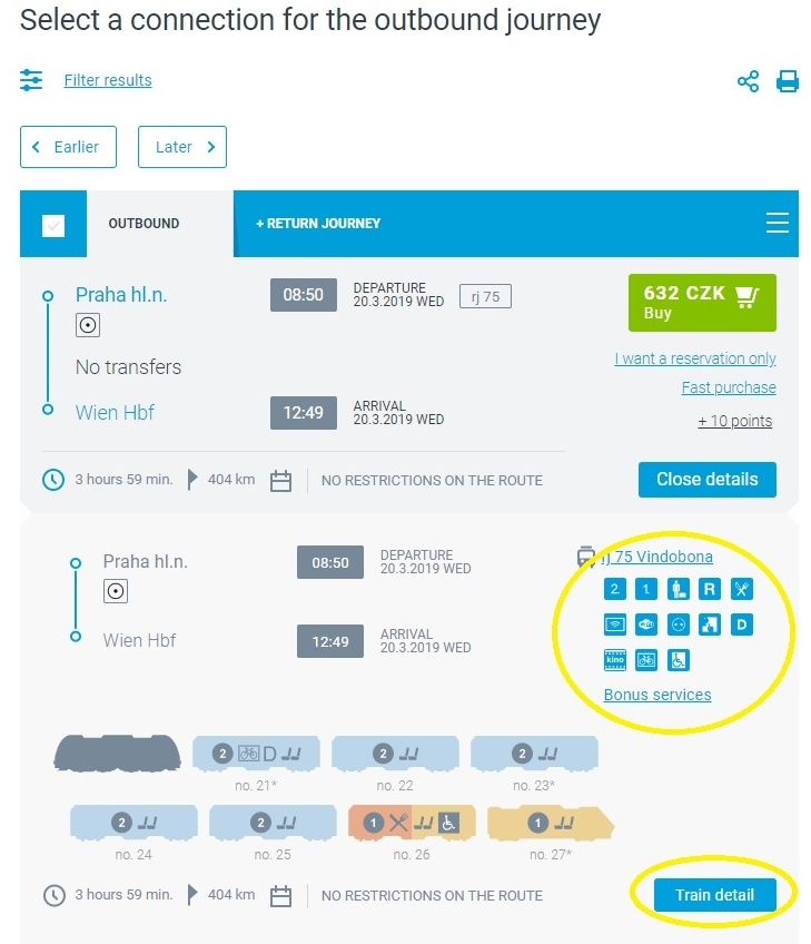 Checking the journey details when booking tickets on the Czech railways website
