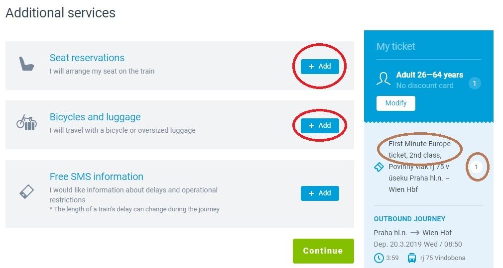Reserving seats on the Czech railways ticket booking website