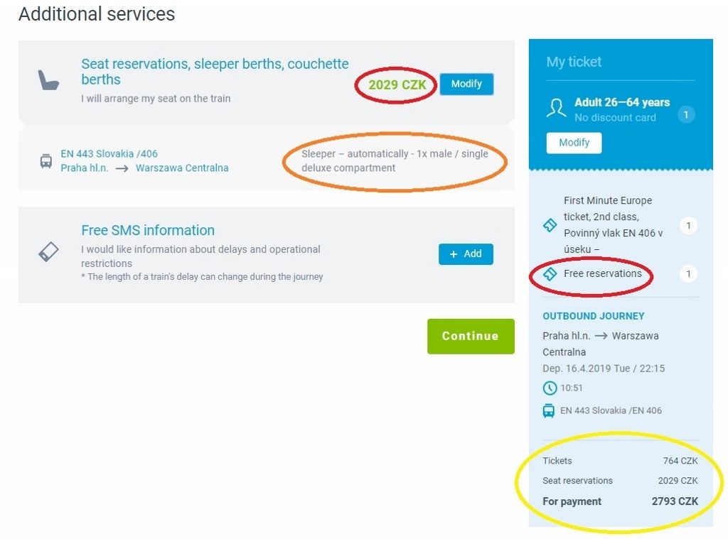 Booking a bed in a sleeping cabin in an overnight train on the Czech Railways ticket service