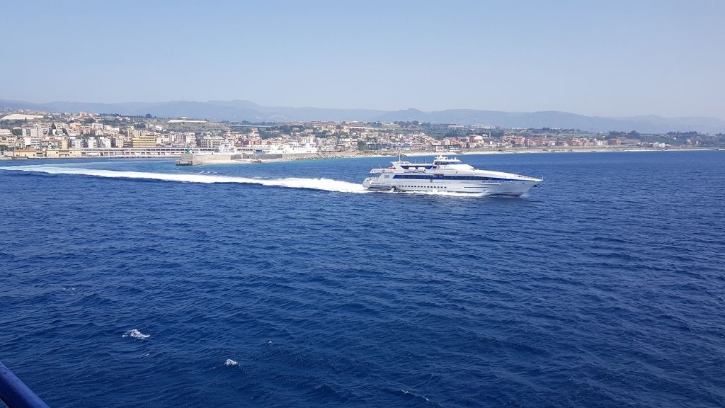 On the deck of the train ferry between mainland Italy and Sicily