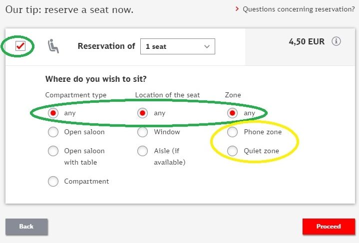 Selecting a seating area when booking reservations with DB