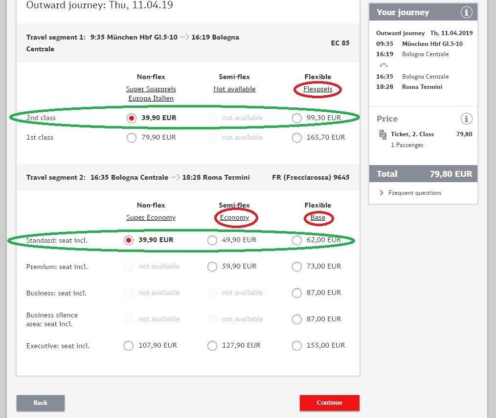 Choosing a price when booking an international train journey on the DB website