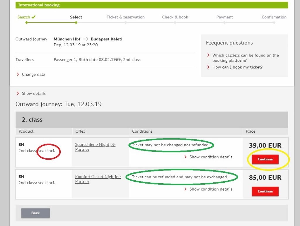 Booking an overnight train journey on DB