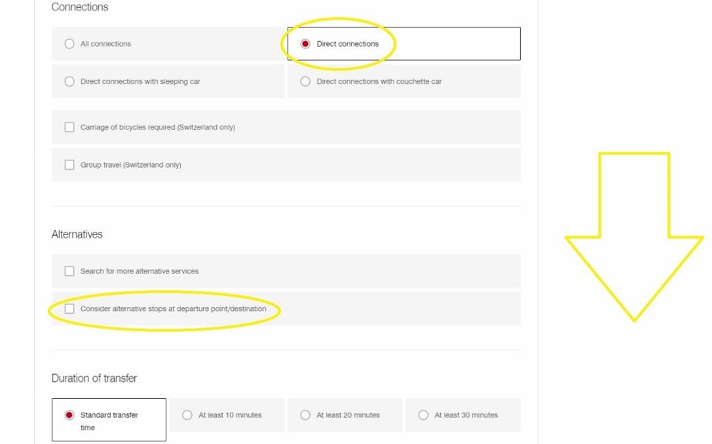 Using the Advanced Search when booking with SBB