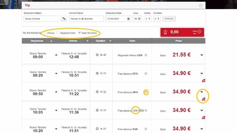 Comparing Frecce trains on Trenitalia.com