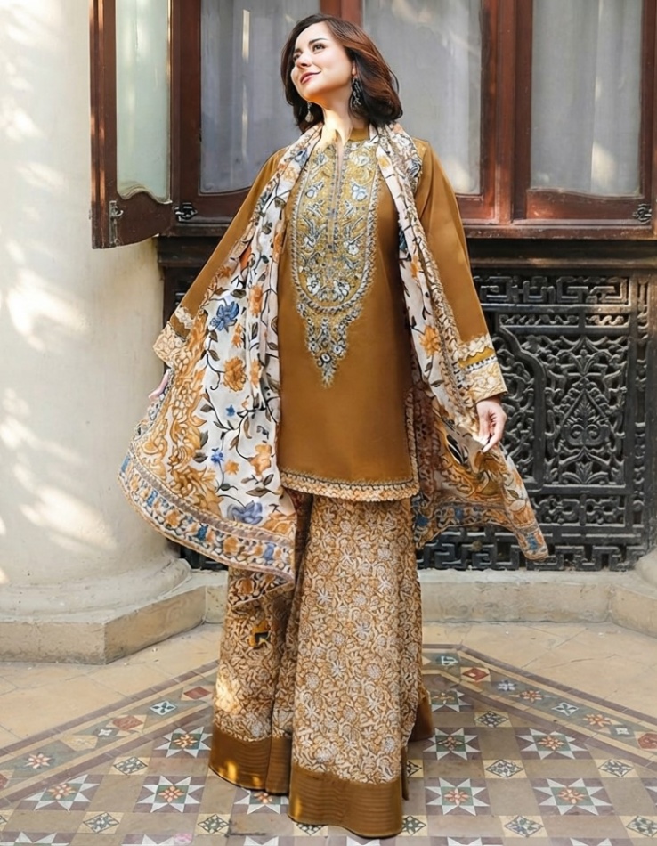 Sapphire Winter Dhanak Embroidered 3 Piece Suit with Wool Shawl