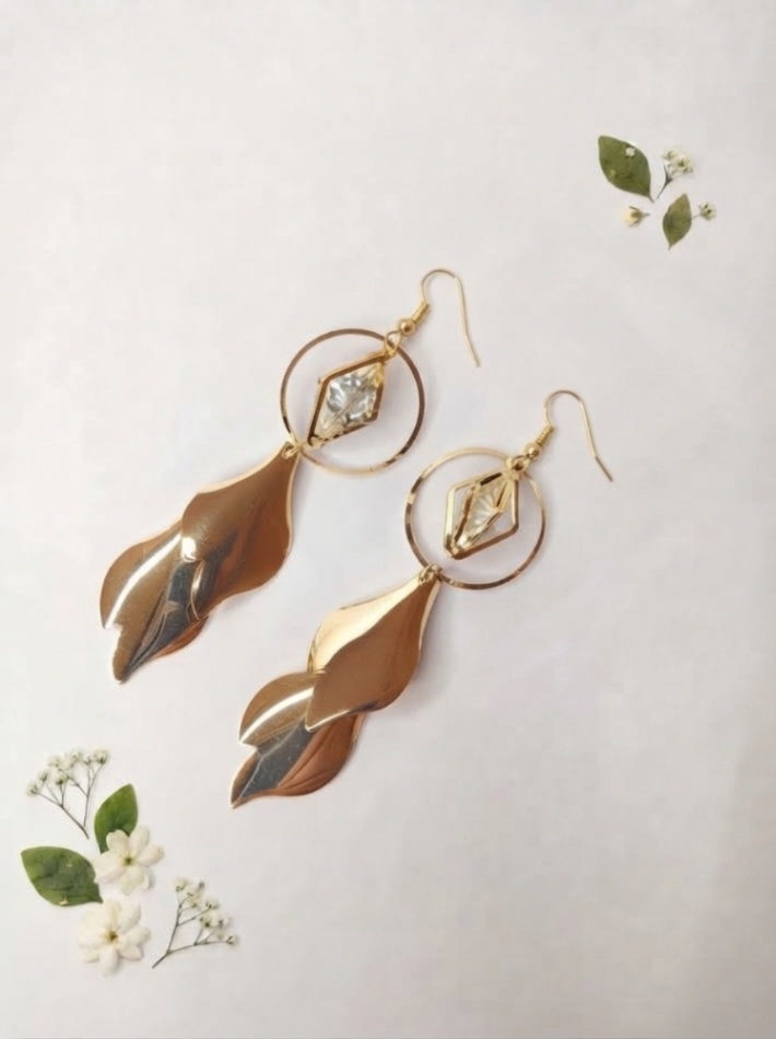 Gold-Toned Multi-Layer Leaf & Crystal Statement Earrings
