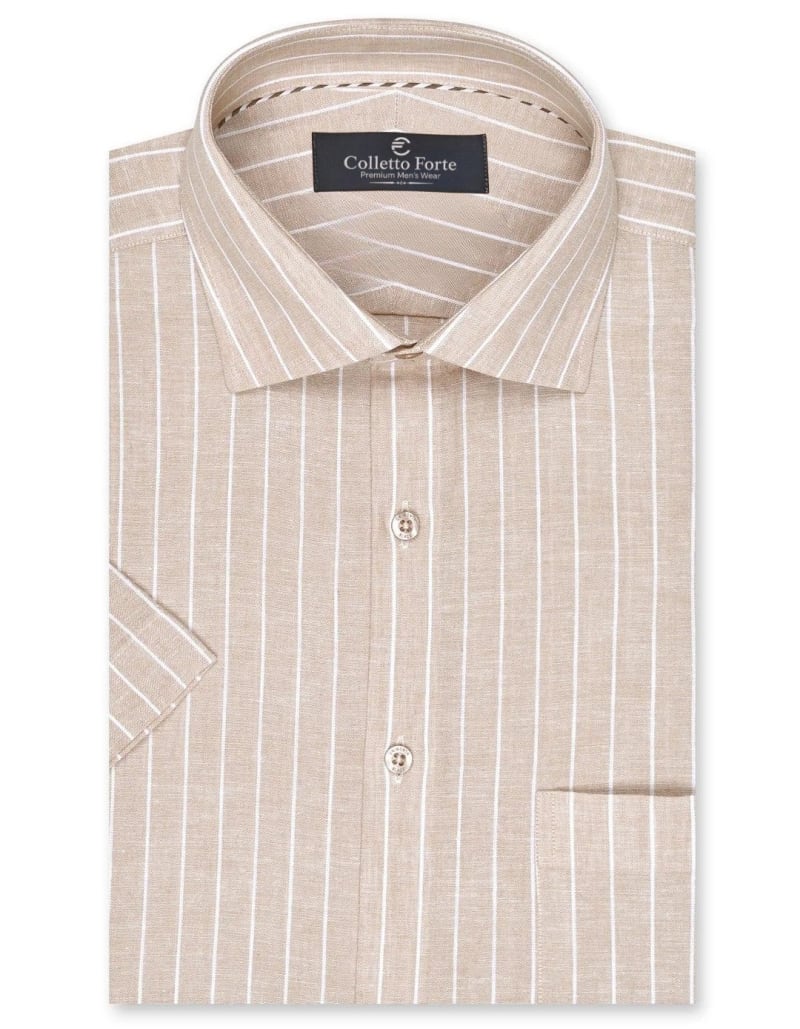 Beige Pinstriped Short Sleeve Men's Formal Shirt image