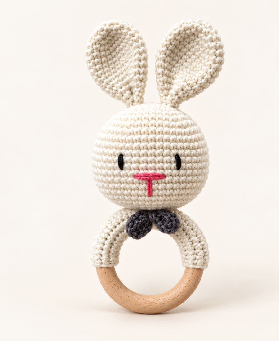 Handmade Crochet Bunny Baby Rattle – Cream with Grey Bow