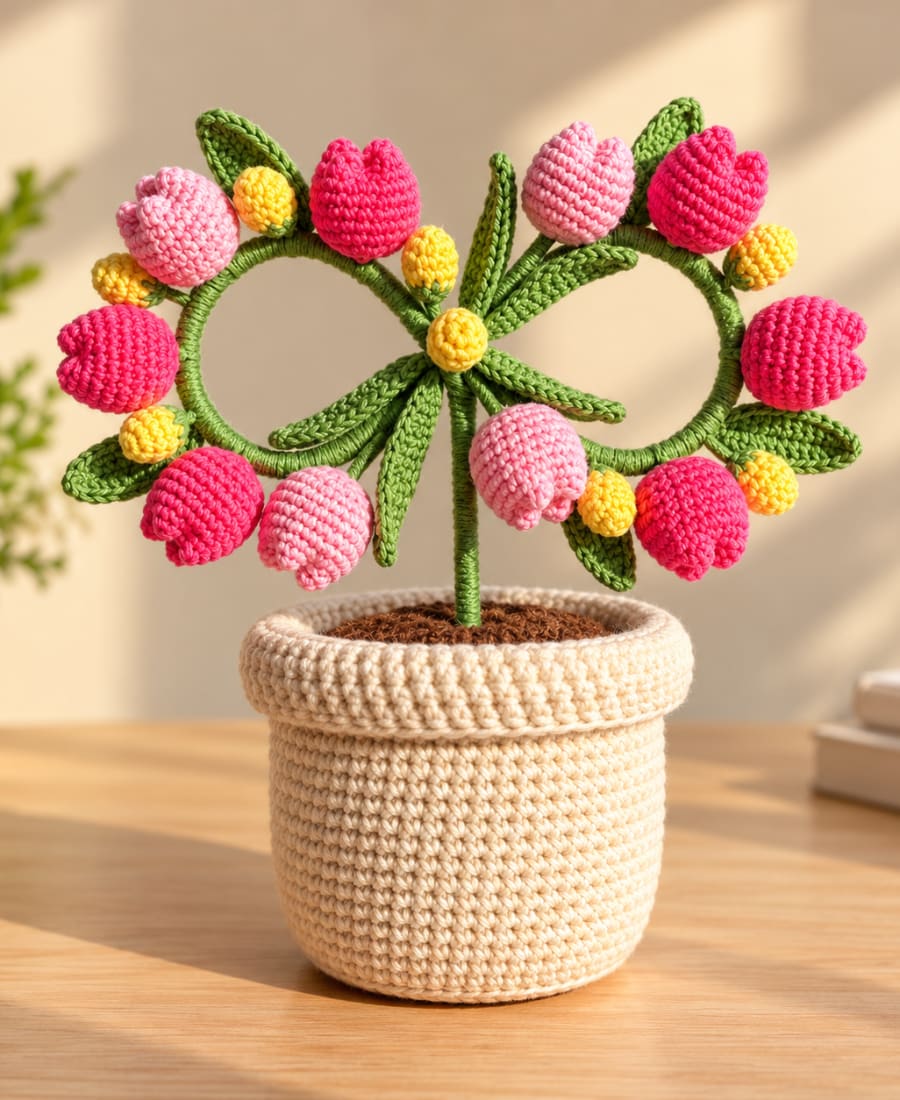 Handmade Crochet Pink Tulip Infinity Flower Pot 🌷💕 Celebrate everlasting love and handmade beauty with our gorgeous C