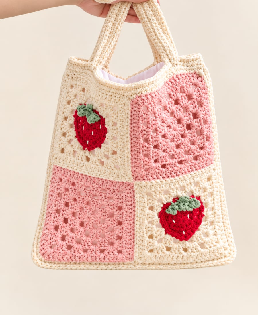 Handmade Strawberry Crochet Bag – Pink & Cream Granny Square Tote Bag
