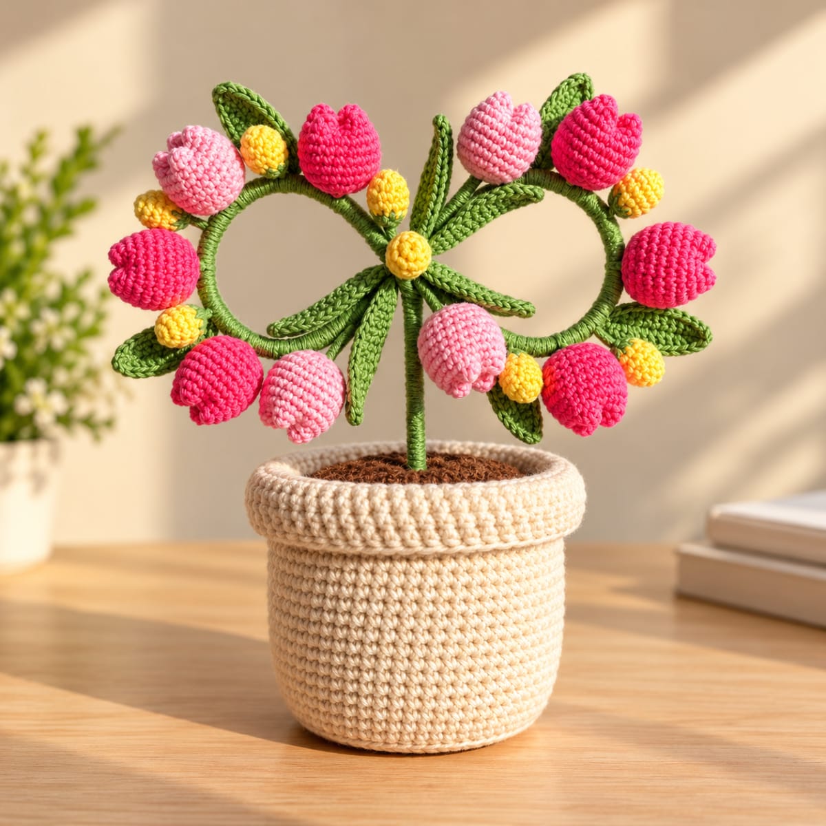 Handmade Crochet Pink Tulip Infinity Flower Pot π·π Celebrate everlasting love and handmade beauty with our gorgeous C β image 1 of 1