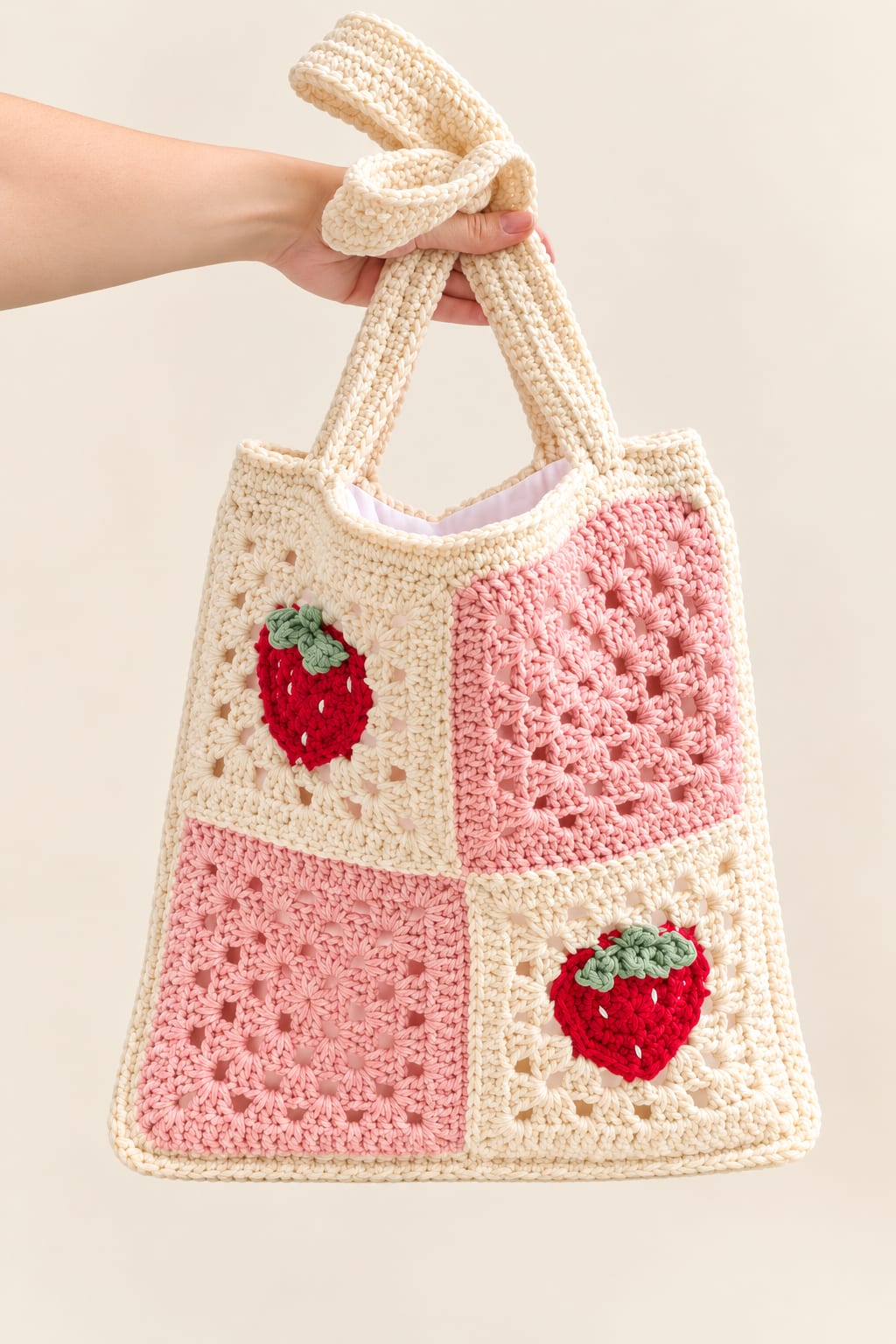 Handmade Strawberry Crochet Bag – Pink & Cream Granny Square Tote Bag — image 1 of 1