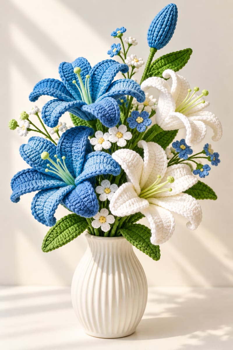 Handmade Crochet Lily Flower Bouquet -  Blue & White | Everlasting Floral  Arrangement