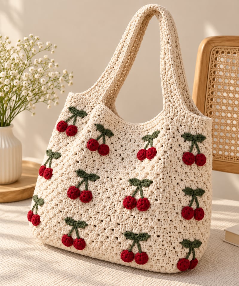 Handmade Crochet Cherry Tote Bag for Women | Cream Floral Shoulder Bag