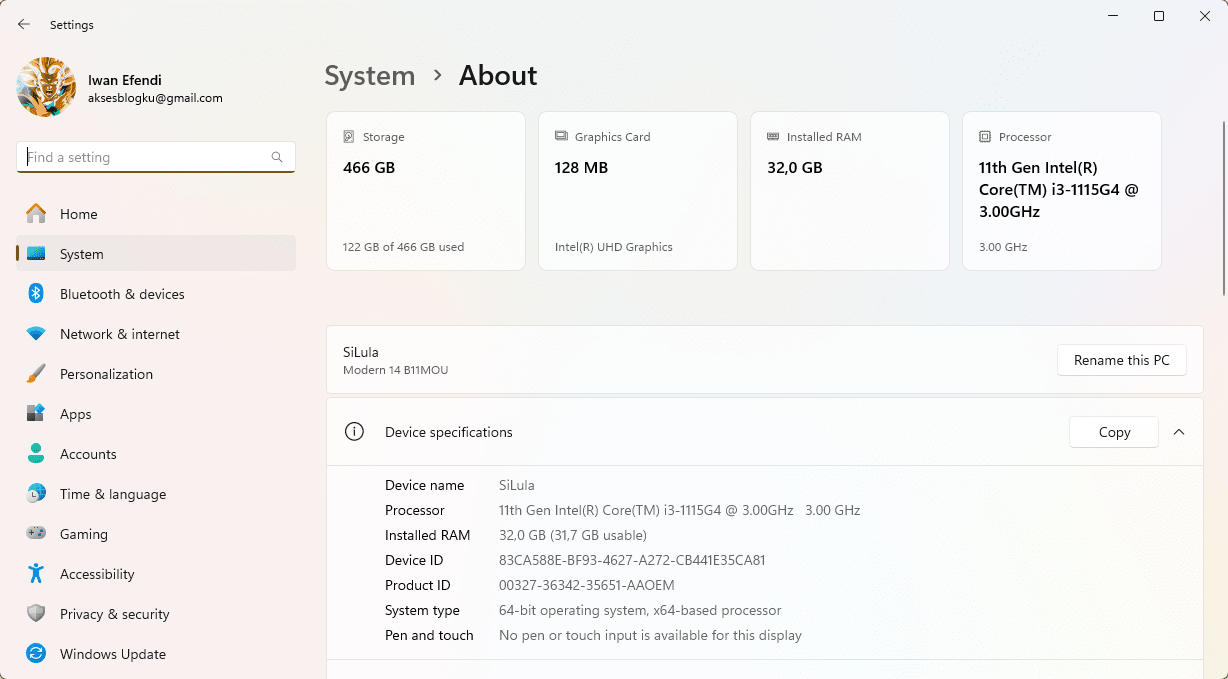 Windows System About page showing basic hardware specifications
