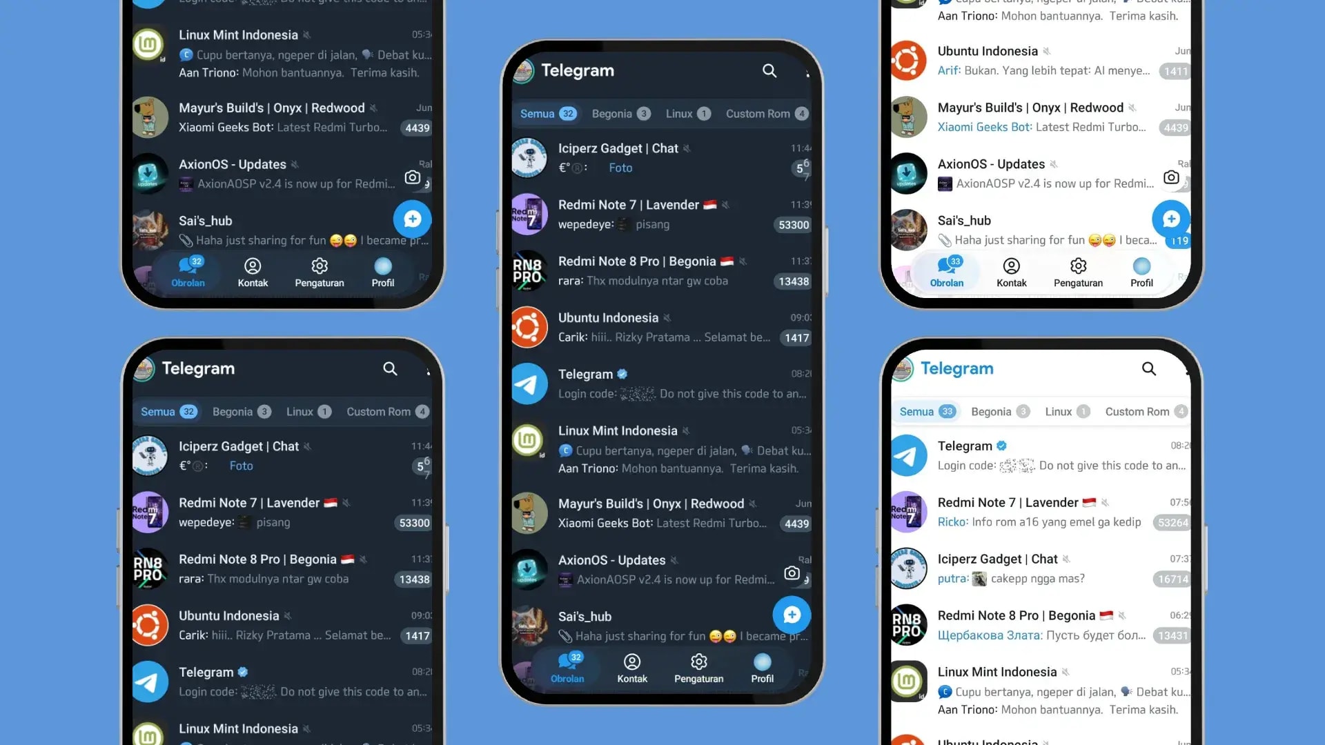 Navigasi bawah baru di Telegram dengan tab Obrolan, Kontak, Pengaturan, dan Profil