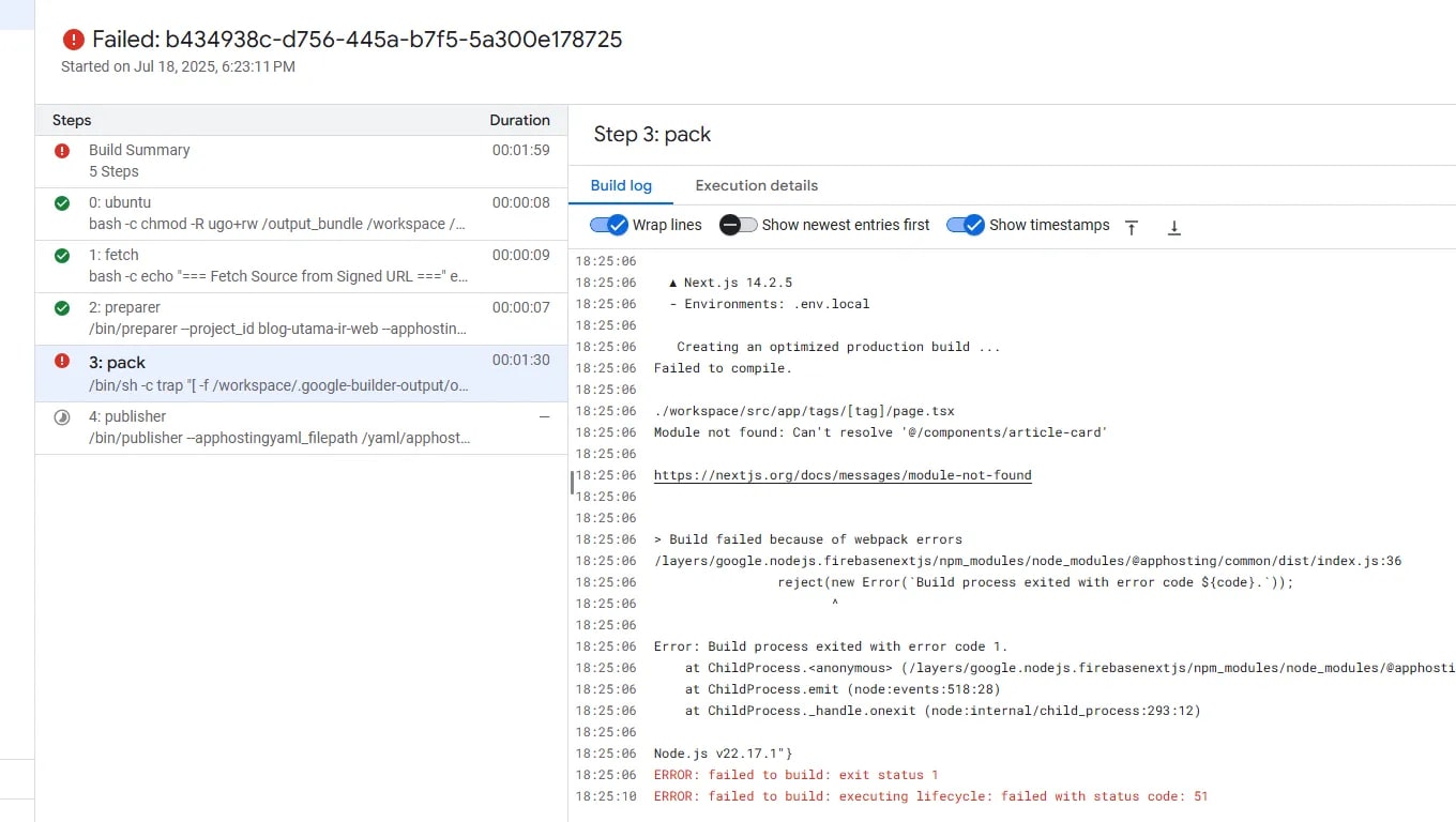 Detail of an error message in build logs highlighting TypeError and file location