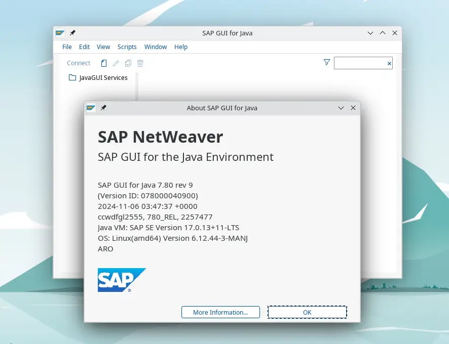 SAP GUI for Java successfully installed on Manjaro Linux.