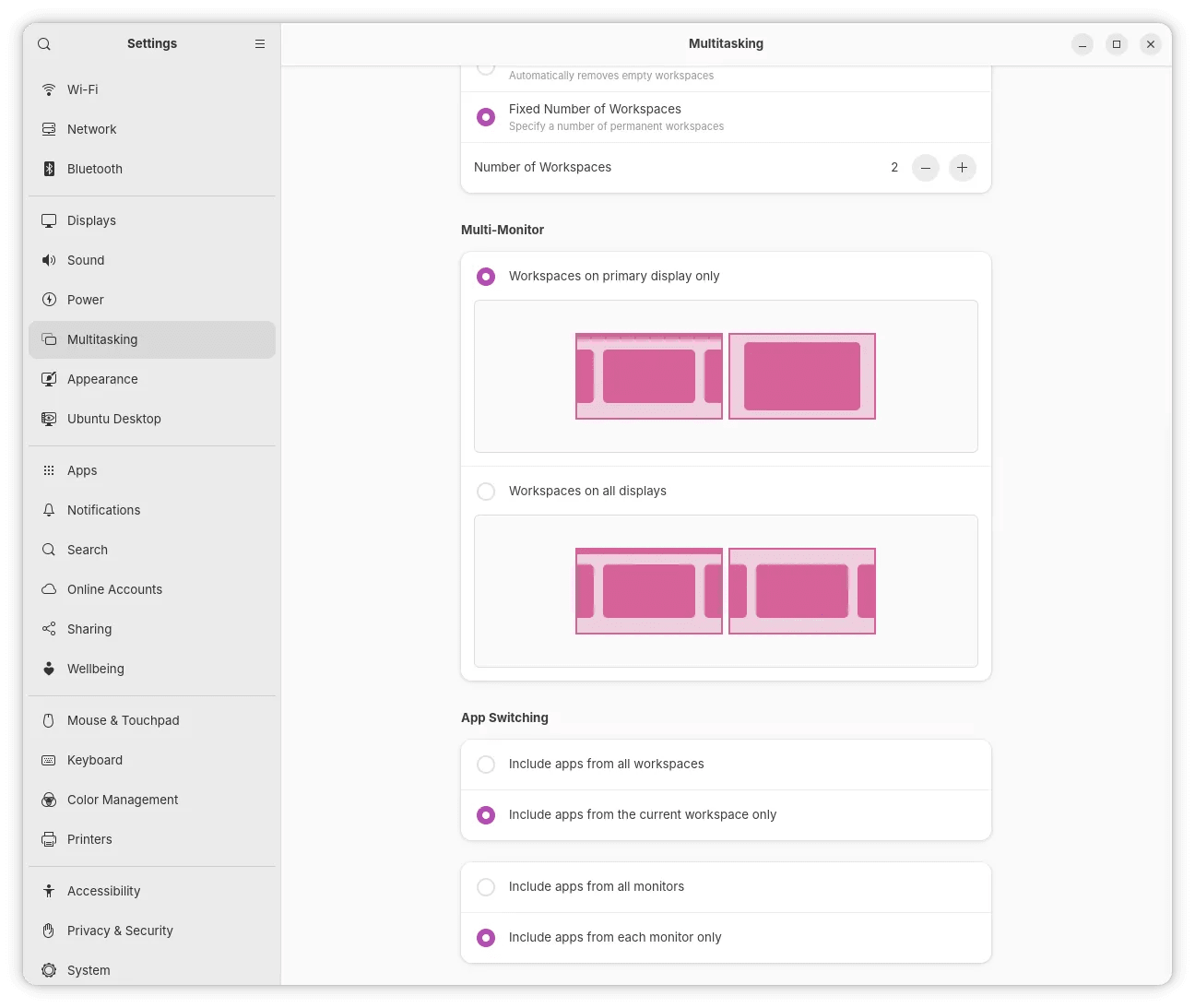 Pengaturan Multitasking Ubuntu 26.04 yang menampilkan opsi workspace multi-monitor.