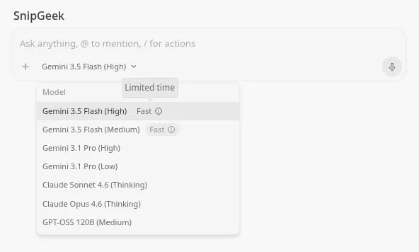 Antigravity IDE menampilkan opsi pilihan model untuk Gemini 3.5 Flash.
