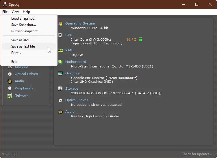 Informasi sistem operasi di Speccy