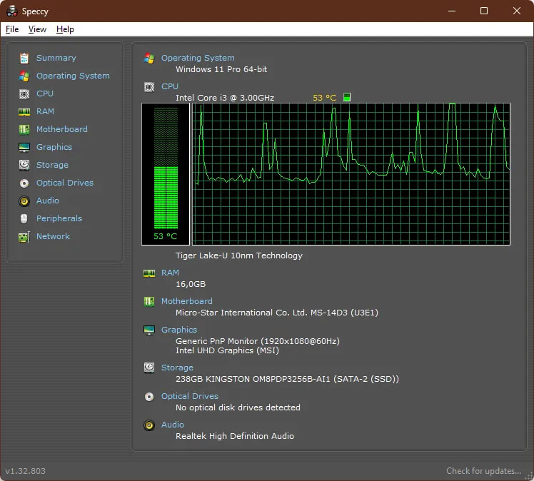 Detail perangkat audio Speccy