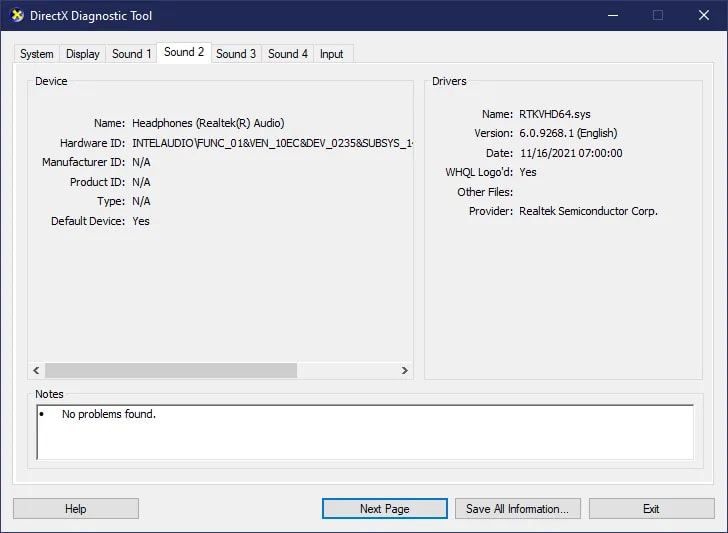 Tab Sound DxDiag dengan info perangkat audio