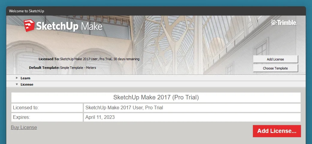 Tampilan trial SketchUp Make 2017