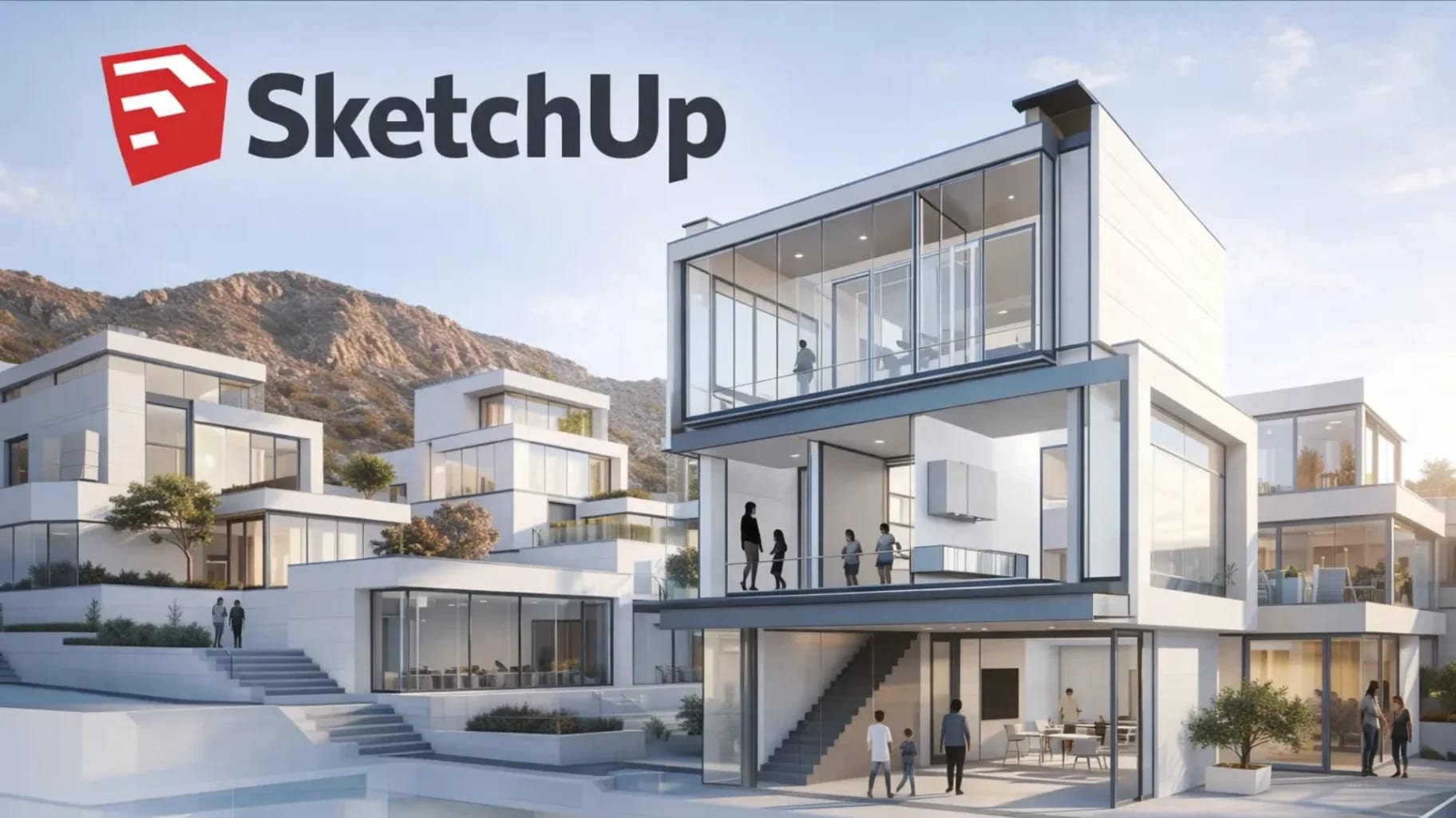 Antarmuka SketchUp Make 2017 menampilkan model rumah 3D