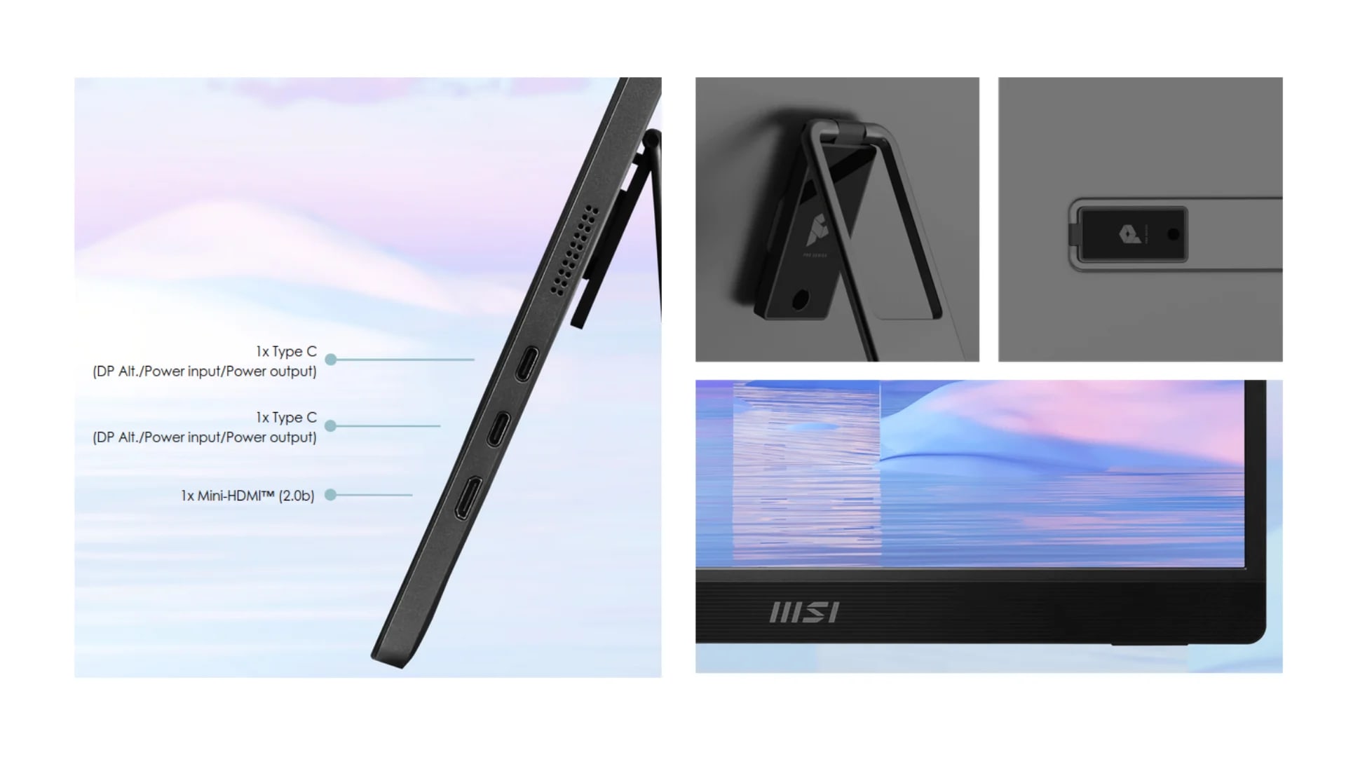 MSI PRO MP161 E2 feature overview showing USB-C ports and display specifications.