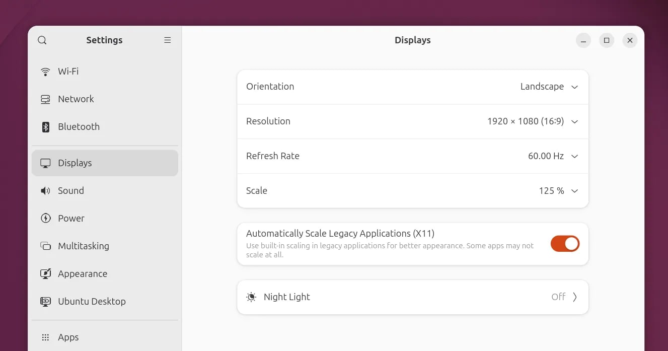 Ubuntu 26.04 Displays settings with VRR enabled, fractional scaling options, and legacy X11 app scaling.