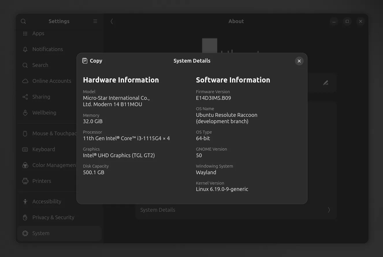 About screen showing GNOME Version 50 during Ubuntu 26.04 testing.