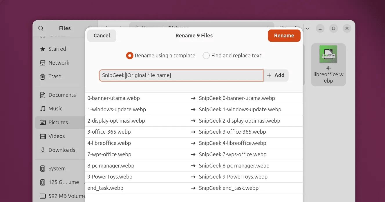 Rename workflow evidence in GNOME Files on Ubuntu 26.04 LTS.