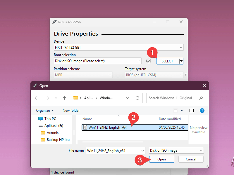 Step 2: Selecting the Windows 11 ISO file in Rufus