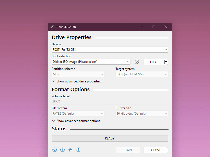 Step 1: Selecting the USB device in Rufus interface