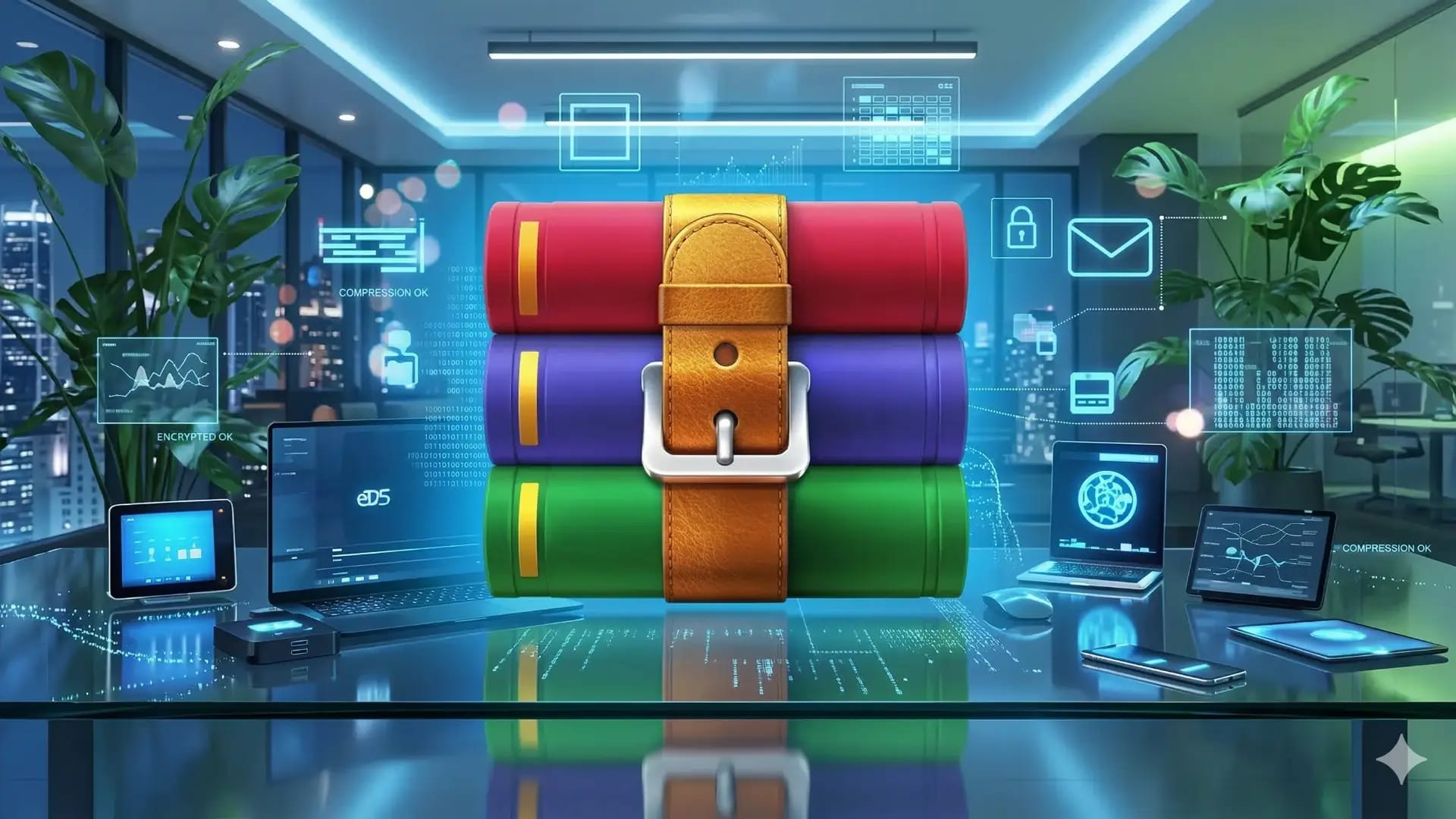 Banner WinRAR yang menampilkan proses pengelolaan arsip dan pemecahan file