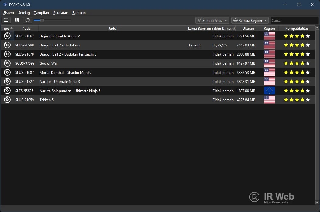 Game list view in PCSX2 ready to be played, with the game 'God of War' highlighted.