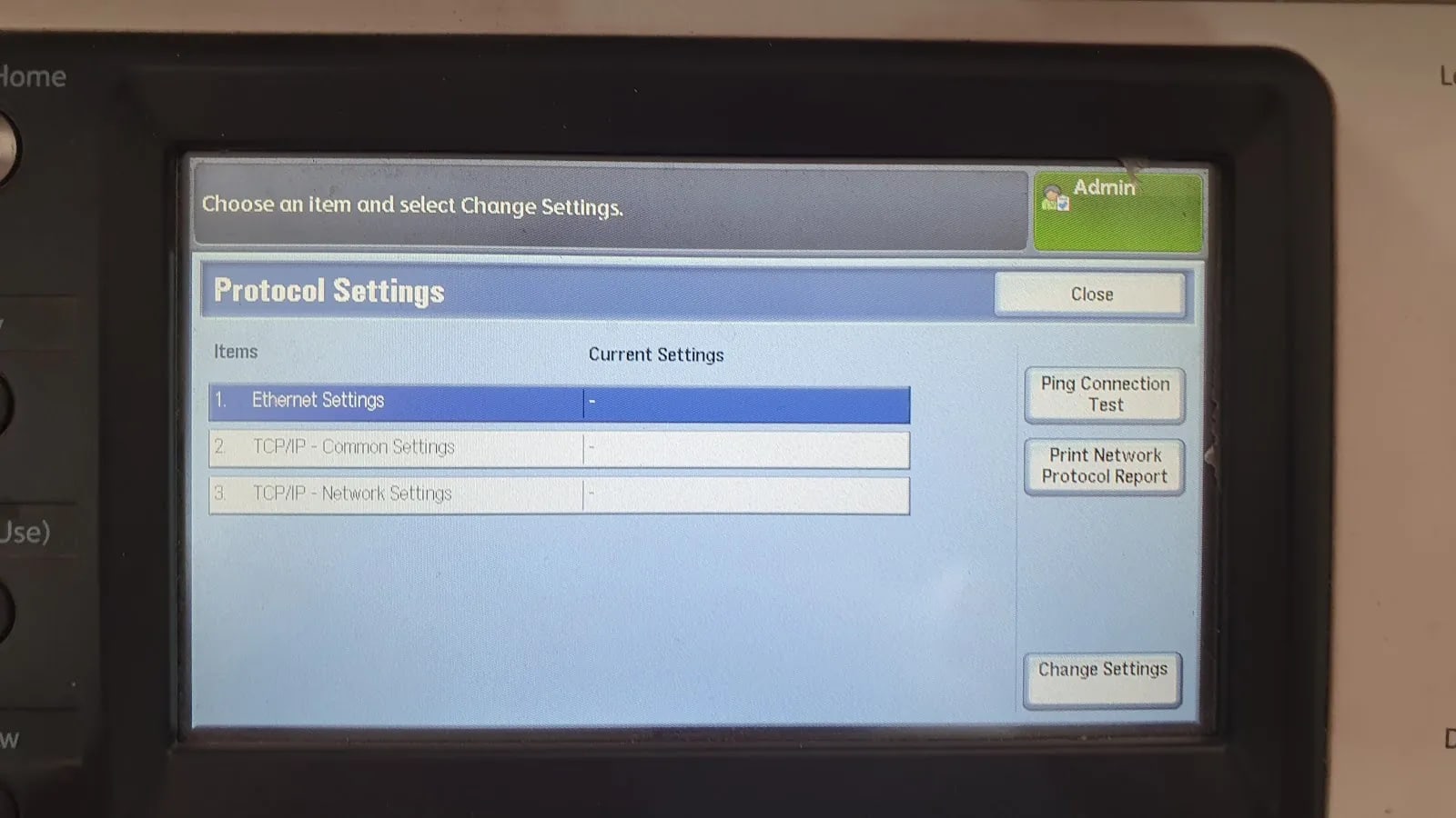Fuji Xerox printer network protocol settings screen