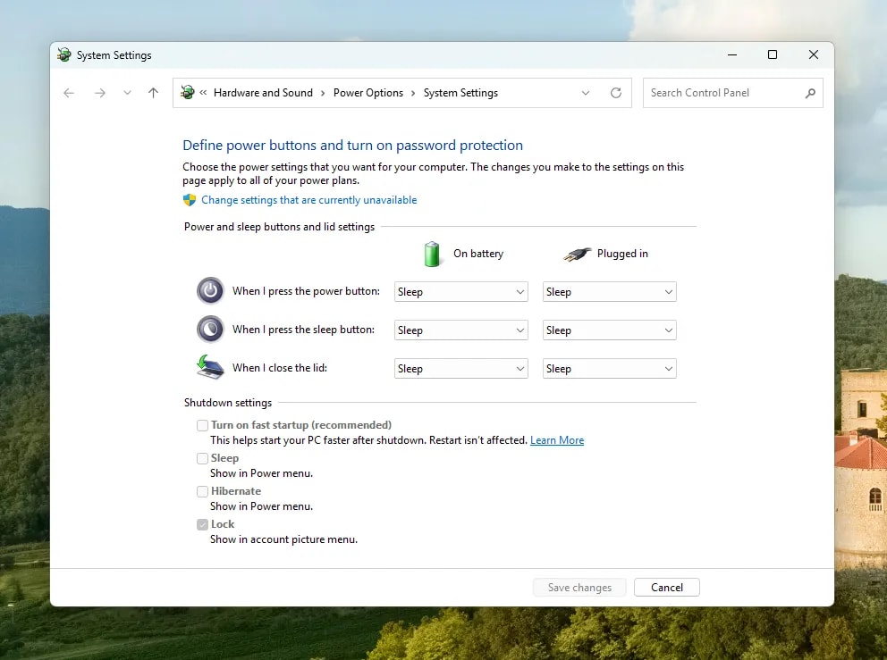 Disabling Fast Startup in Windows 11 Power Options