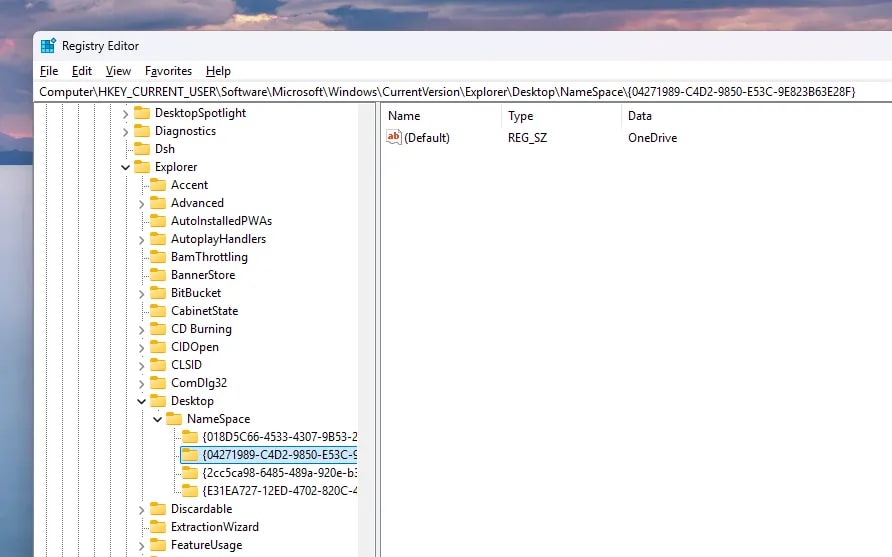 Navigate to the NameSpace path in the Registry Editor