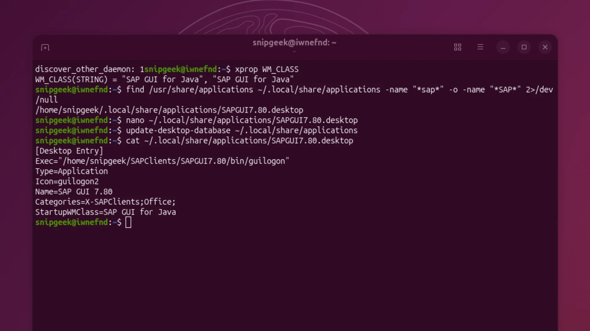 Terminal showing xprop output and nano editing the .desktop file