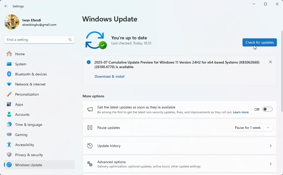 Halaman Windows Update saat memeriksa update sistem dan patch keamanan terbaru.