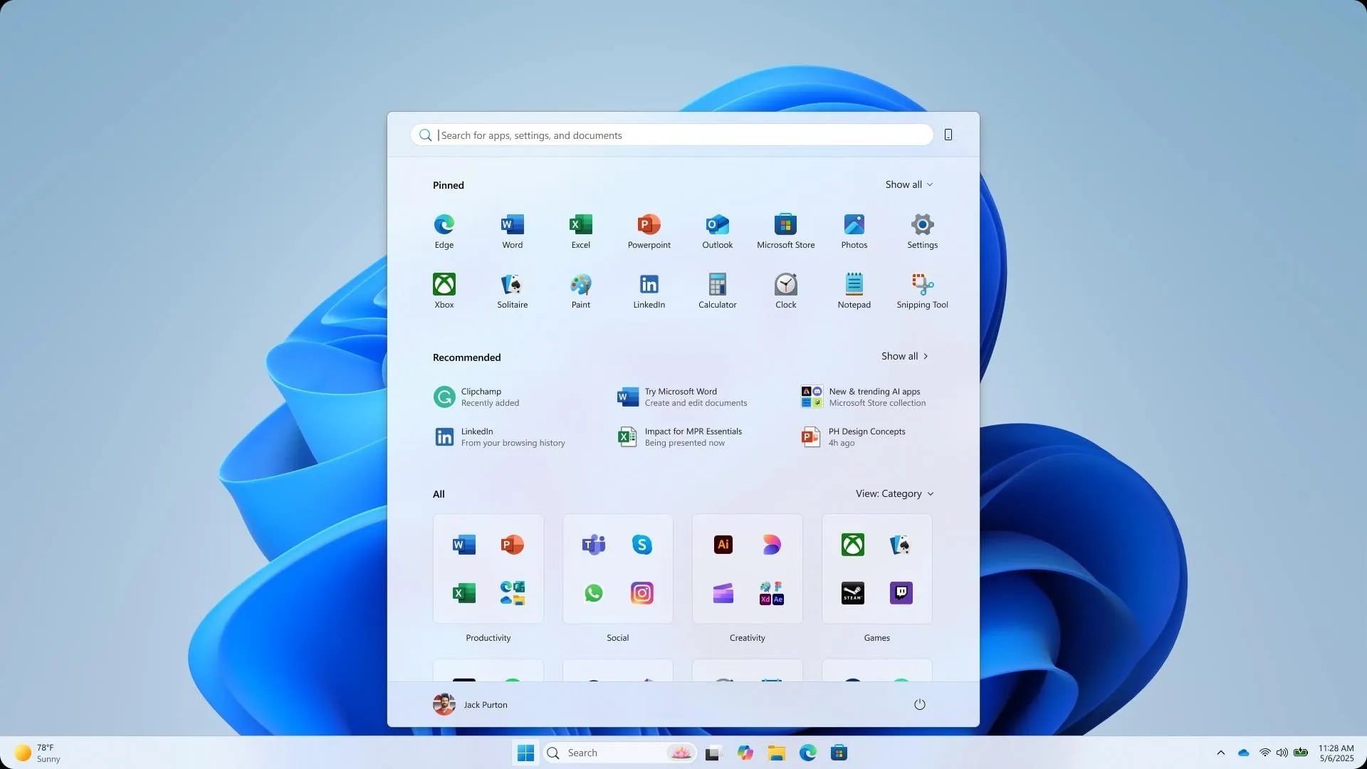 The refreshed Windows 11 Start menu design running on the WinUI 3 framework