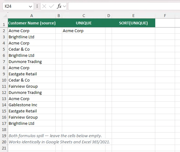 Google Sheets UNIQUE function spilling a clean list of distinct customers into the column beside a repeated customer list