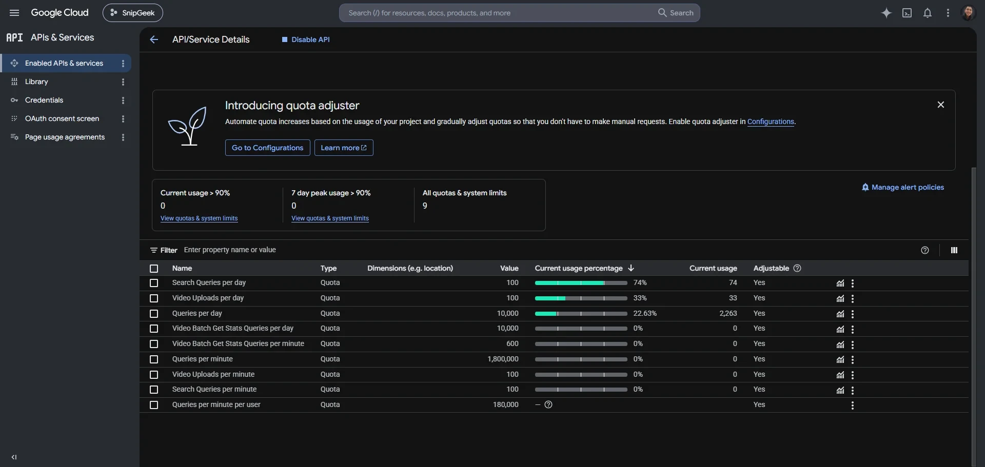 Google Cloud Console showing YouTube Data API v3 quota settings